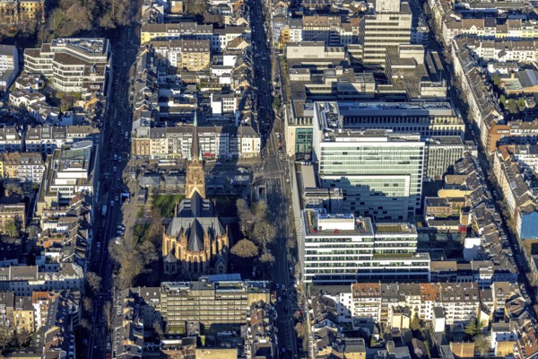 Aerial view, office buildings and commercial buildings Friedrichstraße with the catholic church St. Peter in the district Friedrichstadt in Düsseldorf, Rhineland, North Rhine-Westphalia, Germany, place of worship, city, DE, Düsseldorf, Europe, commercial buildings, commercial location, commercial use, religious community, place of worship, holy place, city centre, church, parish, denomination, aerial view, aerial photography, aerial photography, religion, religious site, city view, city centre, city centre, overview, bird's-eye view, overview