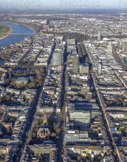 Aerial view, office buildings and commercial buildings Friedrichstraße with the catholic church St. Peter in the district Friedrichstadt in Düsseldorf, Rhineland, North Rhine-Westphalia, Germany, place of worship, city, DE, Düsseldorf, Europe, commercial buildings, commercial location, commercial use, religious community, place of worship, holy place, city centre, church, parish, denomination, aerial view, aerial photography, aerial photography, religion, religious site, city view, city centre, city centre, overview, bird's-eye view, overview