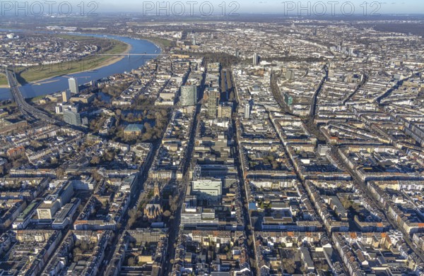 Aerial view, office buildings and commercial buildings Friedrichstraße with the catholic church St. Peter in the district Friedrichstadt in Düsseldorf, Rhineland, North Rhine-Westphalia, Germany, place of worship, city, DE, Düsseldorf, Europe, commercial buildings, commercial location, commercial use, religious community, place of worship, holy place, city centre, church, parish, denomination, aerial view, aerial photography, aerial photography, religion, religious site, city view, city centre, city centre, overview, bird's-eye view, overview