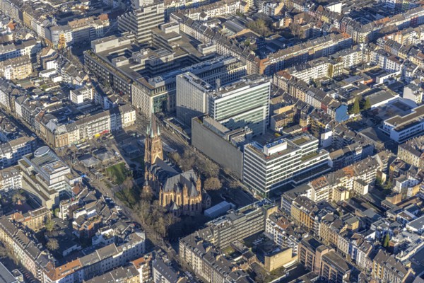 Aerial view, office buildings and commercial buildings Friedrichstraße with the catholic church St. Peter in the district Friedrichstadt in Düsseldorf, Rhineland, North Rhine-Westphalia, Germany, place of worship, city, DE, Düsseldorf, Europe, commercial buildings, commercial location, commercial use, religious community, place of worship, holy place, city centre, church, parish, denomination, aerial view, aerial photography, aerial photography, religion, religious site, city view, city centre, city centre, overview, bird's-eye view, overview
