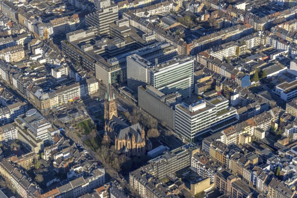 Aerial view, office buildings and commercial buildings Friedrichstraße with the catholic church St. Peter in the district Friedrichstadt in Düsseldorf, Rhineland, North Rhine-Westphalia, Germany, place of worship, city, DE, Düsseldorf, Europe, commercial buildings, commercial location, commercial use, religious community, place of worship, holy place, city centre, church, parish, denomination, aerial view, aerial photography, aerial photography, religion, religious site, city view, city centre, city centre, overview, bird's-eye view, overview