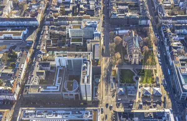 Aerial view, office buildings and commercial buildings Friedrichstraße with the catholic church St. Peter in the district Friedrichstadt in Düsseldorf, Rhineland, North Rhine-Westphalia, Germany, place of worship, city, DE, Düsseldorf, Europe, commercial buildings, commercial location, commercial use, religious community, place of worship, holy place, city centre, church, parish, denomination, aerial view, aerial photography, aerial photography, religion, religious site, city view, city centre, city centre, overview, bird's-eye view, overview