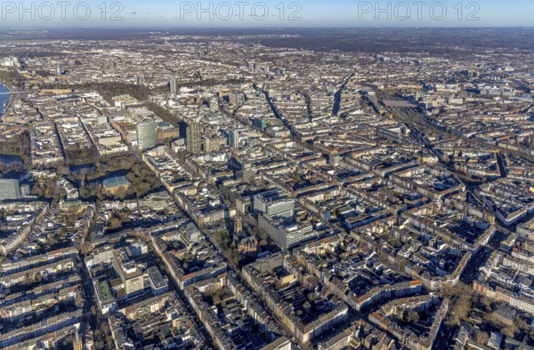 Aerial view, office buildings and commercial buildings Friedrichstraße with the catholic church St. Peter in the district Friedrichstadt in Düsseldorf, Rhineland, North Rhine-Westphalia, Germany, place of worship, city, DE, Düsseldorf, Europe, commercial buildings, commercial location, commercial use, religious community, place of worship, holy place, city centre, church, parish, denomination, aerial view, aerial photography, aerial photography, religion, religious site, city view, city centre, city centre, overview, bird's-eye view, overview