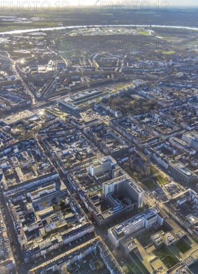Aerial view, office buildings and commercial buildings Friedrichstraße with the catholic church St. Peter in the district Friedrichstadt in Düsseldorf, Rhineland, North Rhine-Westphalia, Germany, place of worship, city, DE, Düsseldorf, Europe, commercial buildings, commercial location, commercial use, religious community, place of worship, holy place, city centre, church, parish, denomination, aerial view, aerial photography, aerial photography, religion, religious site, city view, city centre, city centre, overview, bird's-eye view, overview