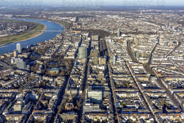 Aerial view, office buildings and commercial buildings Friedrichstraße with the catholic church St. Peter in the district Friedrichstadt in Düsseldorf, Rhineland, North Rhine-Westphalia, Germany, place of worship, city, DE, Düsseldorf, Europe, commercial buildings, commercial location, commercial use, religious community, place of worship, holy place, city centre, church, parish, denomination, aerial view, aerial photography, aerial photography, religion, religious site, city view, city centre, city centre, overview, bird's-eye view, overview