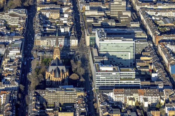 Aerial view, office buildings and commercial buildings Friedrichstraße with the catholic church St. Peter in the district Friedrichstadt in Düsseldorf, Rhineland, North Rhine-Westphalia, Germany, place of worship, city, DE, Düsseldorf, Europe, commercial buildings, commercial location, commercial use, religious community, place of worship, holy place, city centre, church, parish, denomination, aerial view, aerial photography, aerial photography, religion, religious site, city view, city centre, city centre, overview, bird's-eye view, overview