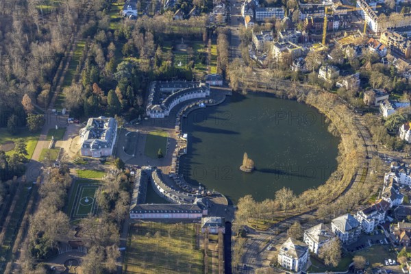 Aerial view, Benrath Castle with castle pond in the Benrath district of Düsseldorf, Rhineland, North Rhine-Westphalia, Germany, DE, monument protection, Düsseldorf, Europe, aerial view, aerial photography, aerial photography, park, park grounds, castle, castle grounds, castle garden, castle park, pond, overview, bird's-eye view, bird's-eye view, overview