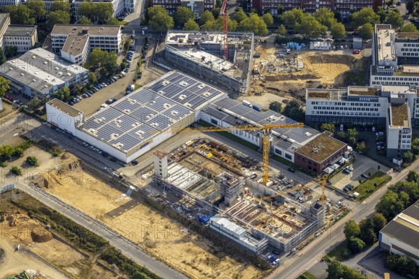 Aerial view, construction site at Marlene-Dietrich-Straße in Hansapark in the district Heerdt in Düsseldorf, Rhineland, North Rhine-Westphalia, Germany, DE, Düsseldorf, Europe, aerial view, aerial photography, aerial photography, overview, bird's-eye view, overview
