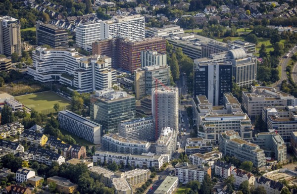 Aerial view, high-rise office buildings Am Seestern in the district of Lörick in Düsseldorf, Rhineland, North Rhine-Westphalia, Germany, high-rise office building, office complex, DE, Düsseldorf, Europe, commercial enterprises, commercial space, commercial area, commercial location, commercial use, high-rise buildings, aerial view, aerial photography, aerial photography, overview, bird's-eye view, overview