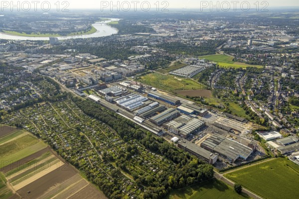Aerial view, Areal Böhler commercial area and residential area VIERZIG549 as well as residential area Unter der Mühle in the district Büderich in Meerbusch, Rhineland, North Rhine-Westphalia, Germany, DE, Düsseldorf, Europe, shapes and colours, commercial enterprises, commercial area, commercial park, commercial location, commercial use, property tax, real estate, industrial area, industrial building, industrial site, aerial view, aerial photography, aerial photography, Meerbusch, overview, bird's-eye view, residential area, residential area, residential buildings, residential quality, residential neighbourhood, housing estate, birds-eyes view, overview