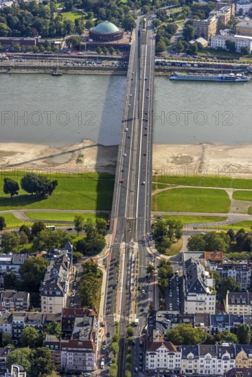 Aerial view, Oberkasseler Brücke over the river Rhine and Tonhalle in the district Altstadt in Düsseldorf, Rhineland, North Rhine-Westphalia, Germany, bridge, DE, Düsseldorf, Europe, culture, art, aerial view, aerial photography, aerial photography, overview, venue, event location, bird's eye view, birds-eyes view, cultural use, overview
