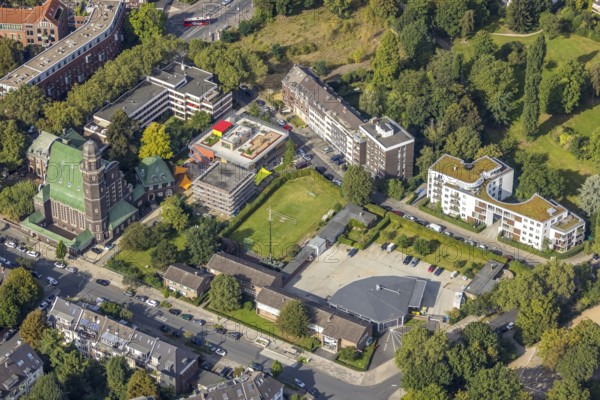 Aerial view, Auferstehungskirche, evang. Kindergarten Wettiner Straße as well as fire station 2 Düsseldorf-Niederkassel in the district Oberkassel in Düsseldorf, Rhineland, North Rhine-Westphalia, Germany, place of worship, fire fighter, fire protection, fire station, DE, Düsseldorf, Europe, fire station, fire brigade, religious community, place of worship, holy place, kindergarten, day care centre, day care centre, church, parish, day care centre, denomination, aerial view, aerial photography, aerial photography, religion, religious site, rescue station, overview, bird's-eye view, overview