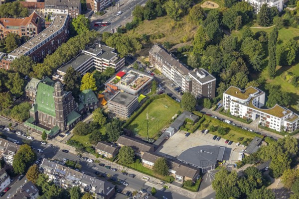 Aerial view, Auferstehungskirche, evang. Kindergarten Wettiner Straße as well as fire station 2 Düsseldorf-Niederkassel in the district Oberkassel in Düsseldorf, Rhineland, North Rhine-Westphalia, Germany, place of worship, fire fighter, fire protection, fire station, DE, Düsseldorf, Europe, fire station, fire brigade, religious community, place of worship, holy place, kindergarten, day care centre, day care centre, church, parish, day care centre, denomination, aerial view, aerial photography, aerial photography, religion, religious site, rescue station, overview, bird's-eye view, overview