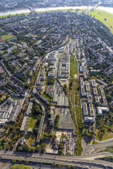 Aerial view, new development area Quartier Belsenpark and new office complex in the Oberkassel district in Düsseldorf, Rhineland, North Rhine-Westphalia, Germany, DE, Düsseldorf, Europe, commercial buildings, HSBC Trinkhaus, real estate, aerial view, aerial photography, aerial photography, city quarter, overview, bird's-eye view, residential complex, living and working, living and life, birds-eyes view, overview