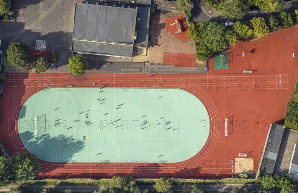Aerial view, sports activities on the sports field at the Japanese International School in the Oberkassel district of Düsseldorf, Rhineland, North Rhine-Westphalia, Germany, DE, Düsseldorf, Europe, shapes and colours, football pitch, aerial view, aerial photography, aerial photography, sports, sports facilities, sports field, sports facility, overview, bird's-eye view, overview