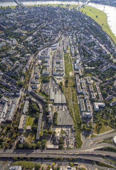 Aerial view, new development area Quartier Belsenpark and new office complex in the Oberkassel district in Düsseldorf, Rhineland, North Rhine-Westphalia, Germany, DE, Düsseldorf, Europe, commercial buildings, HSBC Trinkhaus, real estate, aerial view, aerial photography, aerial photography, city quarter, overview, bird's-eye view, residential complex, living and working, living and life, birds-eyes view, overview