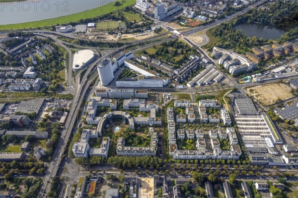 Aerial view, Vodafone Campus and Prinzenpark in the district Heerdt in Düsseldorf, Rhineland, North Rhine-Westphalia, Germany, DE, Düsseldorf, Europe, commercial enterprises, commercial area, commercial park, commercial location, commercial use, industrial area, aerial view, aerial photography, aerial photography, overview, bird's-eye view, overview