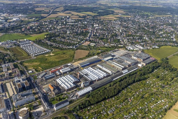 Aerial view, Areal Böhler commercial area and residential area Unter der Mühle in the district Büderich in Meerbusch, Rhineland, North Rhine-Westphalia, Germany, DE, Europe, commercial enterprises, commercial area, commercial park, commercial location, commercial use, industrial area, industrial building, industrial location, aerial photograph, aerial photography, aerial photography, Meerbusch, overview, bird's-eye view, bird's-eye view, overview