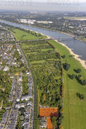 Aerial view, allotment garden association Am Pappelwäldchen am Kaiser-Friedrich-Ring und Rheinwiesen im Stadtteil Niederkassel in Düsseldorf, Rhineland, North Rhine-Westphalia, Germany, DE, Düsseldorf, Europe, community garden, allotment garden, allotment garden site, allotment garden association, allotment gardener association, aerial view, aerial photography, aerial photography, allotment garden, overview, bird's-eye view, overview