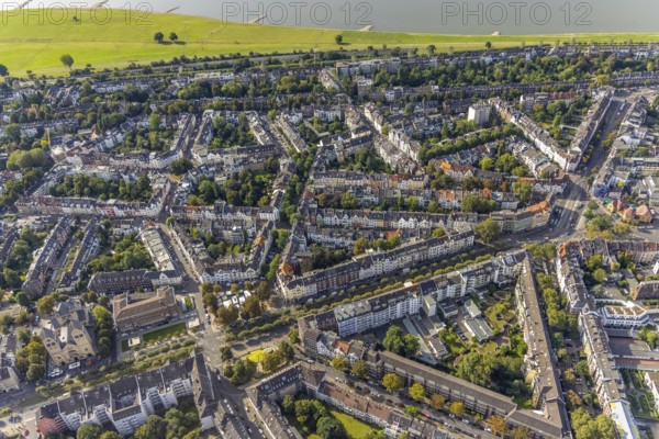 Aerial view, residential area Luegallee with Belsenplatz and Barbarossaplatz in the district Oberkassel in Düsseldorf, Rhineland, North Rhine-Westphalia, Germany, DE, Düsseldorf, Europe, aerial view, aerial photography, aerial photography, overview, bird's-eye view, overview