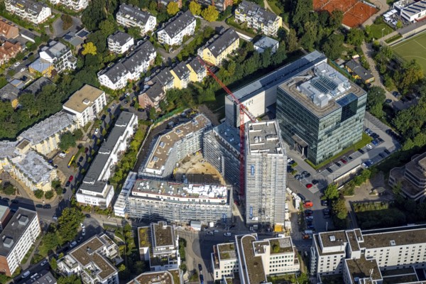 Aerial view, construction site at the Seestern Quartier with new construction of a high-rise residential building at Niederkasseler Lohweg in the district Lörick in Düsseldorf, Rhineland, North Rhine-Westphalia, Germany, construction work, construction area, construction site, building plots, construction project, construction site, DE, Düsseldorf, Europe, property tax, high-rise building, real estate, aerial view, aerial photography, aerial photography, new construction, overview, bird's eye view, residential complex, living and living, residential area, residential buildings, residential quarter, birds-eyes view, overview