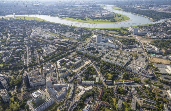 Aerial view, Vodafone Campus and Prinzenpark in the district Heerdt in Düsseldorf, Rhineland, North Rhine-Westphalia, Germany, DE, Düsseldorf, Europe, commercial enterprises, commercial area, commercial park, commercial location, commercial use, industrial area, aerial view, aerial photography, aerial photography, overview, bird's-eye view, overview