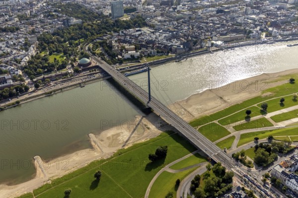 Aerial view, Oberkasseler Brücke over the river Rhine and Tonhalle in the district Altstadt in Düsseldorf, Rhineland, North Rhine-Westphalia, Germany, bridge, DE, Düsseldorf, Europe, culture, art, aerial view, aerial photography, aerial photography, overview, venue, event location, bird's eye view, birds-eyes view, cultural use, overview
