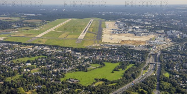 Aerial photo, Düsseldorf Airport in the Lohausen district of Düsseldorf, Rhineland, North Rhine-Westphalia, Germany, DE, Düsseldorf, Europe, flight emission, airport, aircraft noise, aerodrome, aerial photograph, aerial photography, aerial photography, overview, bird's-eye view, overview