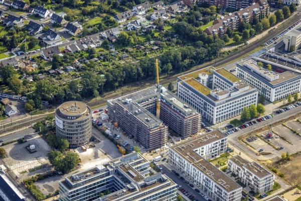 Aerial view, residential complex VIERZIG549 in the Büderich district of Meerbusch, Rhineland, North Rhine-Westphalia, Germany, DE, Düsseldorf, Europe, shapes and colours, property tax, real estate, aerial view, aerial photography, aerial photography, Meerbusch, overview, bird's-eye view, residential complex, living and living, residential area, residential buildings, residential quality, residential quarter, housing estate, birds-eyes view, overview
