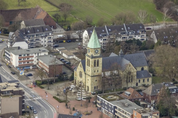 Aerial view, St. Johannes Church Kirchhellen, Hans Büning Platz, Bottrop-Kirchhellen, Ruhr area, North Rhine-Westphalia, Germany, Bottrop, DE, Europe, religious community, place of worship, property tax, real estate, church, parish, denomination, aerial view, aerial photography, aerial photography, religion, overview, bird's-eye view, living and life, residential buildings, birds-eyes view, overview