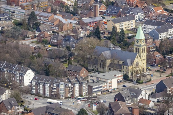 Aerial view, St. Johannes Church Kirchhellen, Hans Büning Platz, Bottrop-Kirchhellen, Ruhr area, North Rhine-Westphalia, Germany, Bottrop, DE, Europe, religious community, place of worship, property tax, real estate, church, parish, denomination, aerial view, aerial photography, aerial photography, religion, overview, bird's-eye view, living and life, residential buildings, birds-eyes view, overview