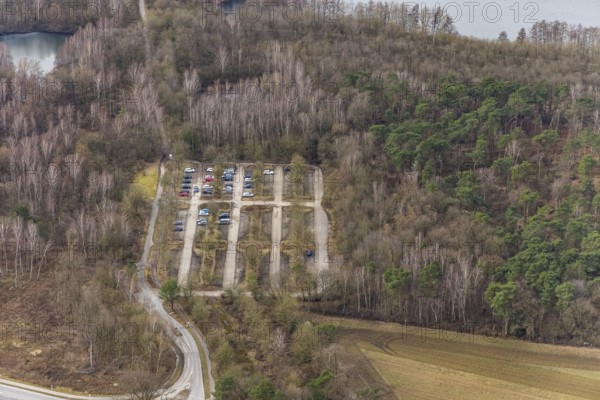 Aerial view, car park at Heidesee, Bottrop-Kirchhellen, Ruhr area, North Rhine-Westphalia, Germany, DE, Europe, aerial view, aerial photography, aerial photography, car parks, overview, bird's eye view, forest area, birds-eyes view, overview