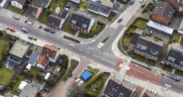 Aerial view, residential area shopping street construction site Schneiderstraße, new pedestrian crossing, Bottrop-Kirchhellen, Ruhr area, North Rhine-Westphalia, Germany, construction work, construction vehicles, construction site, construction measure, construction site, DE, renewal, Europe, aerial view, aerial photography, aerial photography, renovation, overview, bird's eye view, zebra crossing, birds-eyes view, overview
