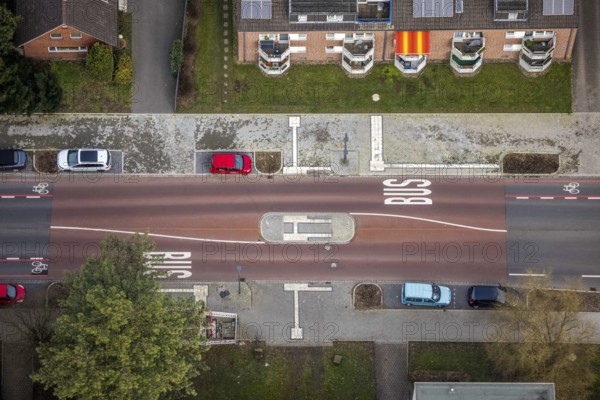 Aerial view, residential area shopping street construction site Schneiderstraße, new pedestrian crossing, Bottrop-Kirchhellen, Ruhr area, North Rhine-Westphalia, Germany, construction work, construction vehicles, construction site, construction measure, construction site, DE, renewal, Europe, aerial view, aerial photography, aerial photography, renovation, overview, bird's eye view, zebra crossing, birds-eyes view, overview