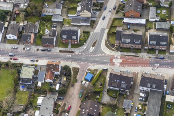 Aerial view, residential area shopping street construction site Schneiderstraße, new pedestrian crossing, Bottrop-Kirchhellen, Ruhr area, North Rhine-Westphalia, Germany, construction work, construction vehicles, construction site, construction measure, construction site, DE, renewal, Europe, aerial view, aerial photography, aerial photography, renovation, overview, bird's eye view, zebra crossing, birds-eyes view, overview