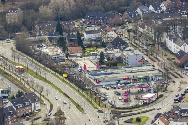 Aerial view, commercial area Kirchhellener Straße, construction site, Bottrop, Ruhr area, North Rhine-Westphalia, Germany, construction work, construction area, construction site, building plots, construction project, Carglass, DE, Europe, aerial view, aerial photography, aerial photography, new building, Rewe supermarket, overview, bird's-eye view, birds-eyes view, overview