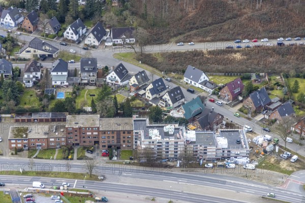 Aerial view, construction site new building Hans-Sachs-Straße corner Kirchhellener Straße, Bottrop, Ruhr area, North Rhine-Westphalia, Germany, construction work, construction area, construction site, building plots, construction project, construction site, DE, Europe, property tax, real estate, aerial view, aerial photography, aerial photography, new building, overview, bird's eye view, residential complex, living and living, residential area, residential buildings, birds-eyes view, overview