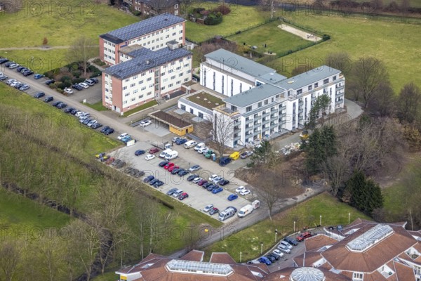 Aerial view, Am Marienhospital, Bottrop, Ruhr area, North Rhine-Westphalia, Germany, DE, Europe, Josef-Albers-Straße, aerial photograph, aerial photography, aerial photography, photovoltaics, photovoltaic system, solar, solar system, solar energy, solar energy, overview, bird's-eye view, birds-eyes view, overview