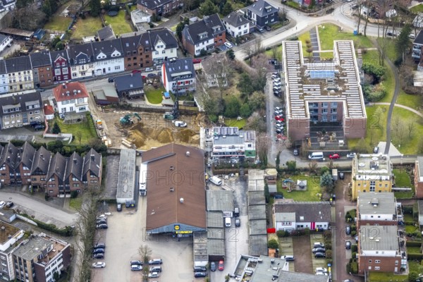 Aerial view, Diakonisches Werk Gladbeck-Bottrop-Dorsten Seniorenzentrum Käthe Braus, construction site Neustraße, Bottrop, Ruhr area, North Rhine-Westphalia, Germany, retirement home, nursing home, care and nursing, DE, Europe, aerial view, aerial photography, aerial photography, care facility, photovoltaics, photovoltaic system, retirement home, retirement residence, retirement home, retirement centre, solar, solar system, solar energy, solar energy, overview, bird's eye view, birds-eyes view, overview