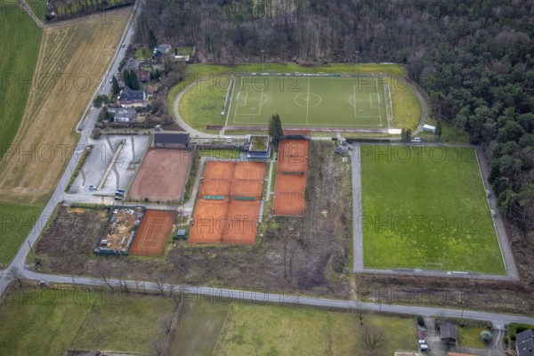 Aerial view, sports facility VfL Grafenwald, Sensenfeld, Bottrop-Kirchhellen, Ruhr area, North Rhine-Westphalia, Germany, DE, Europe, football pitch, football stadium, football club, aerial view, aerial photography, aerial photography, sports facilities, sports field, sports facility, stadium, overview, bird's-eye view, overview