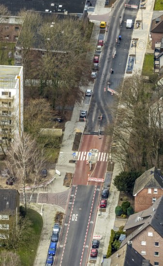 Aerial view, residential area shopping street construction site Schneiderstraße, new pedestrian crossing, Bottrop-Kirchhellen, Ruhr area, North Rhine-Westphalia, Germany, construction work, construction vehicles, construction site, construction measure, construction site, DE, renewal, Europe, aerial view, aerial photography, aerial photography, renovation, overview, bird's eye view, zebra crossing, birds-eyes view, overview