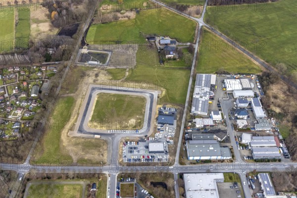 Aerial view, commercial area construction site Im Pinntal, Bottrop-Kirchhellen, Ruhr area, North Rhine-Westphalia, Germany, construction work, construction area, construction site, building plots, construction project, construction site, DE, Europe, commercial enterprises, commercial area, commercial site, commercial use, aerial photograph, aerial photography, aerial photography, new construction, overview, bird's-eye view, bird's-eye view, overview