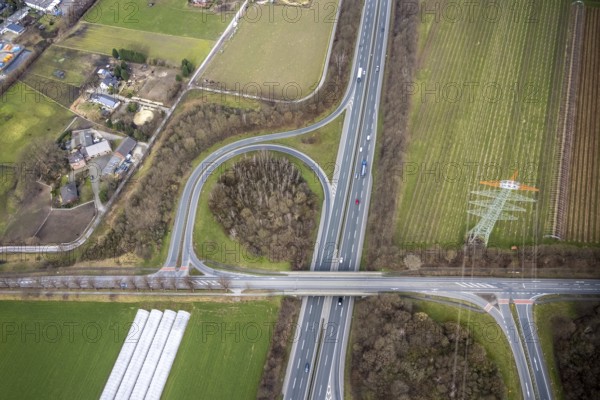Aerial view, motorway junction Kirchhellen, A31, Bottrop-Kirchhellen, Ruhr area, North Rhine-Westphalia, Germany, motorway A31, motorway junction, DE, Europe, aerial view, aerial photography, aerial photography, overview, bird's-eye view, overview