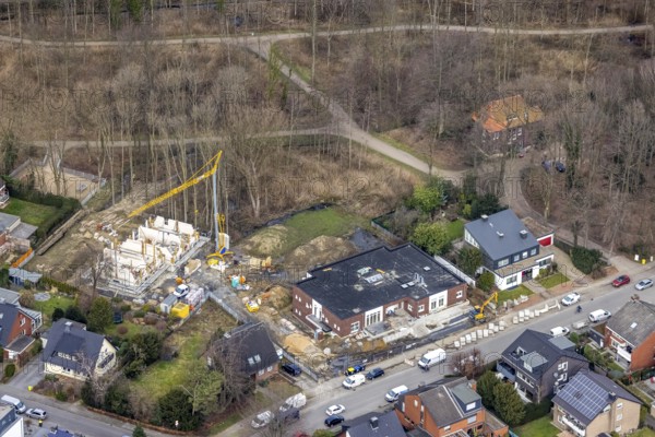 Aerial view, construction site kindergarten at Horsthofstraße, Bottrop-Kirchhellen, Ruhr area, North Rhine-Westphalia, Germany, construction work, construction area, construction site, building site, construction project, construction site, DE, Europe, GBB, kindergarten, day nursery, day care centre, day care centre, aerial photograph, aerial photography, aerial photography, new building, overview, bird's-eye view, overview