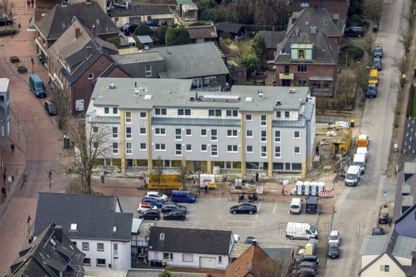 Aerial view, construction site, new building project Kirchhellener arcades at Schulstraße at Alter Markt, corner Kirchstraße, Bottrop-Kirchhellen, Ruhr area, North Rhine-Westphalia, Germany, construction work, construction area, building site, building plots, construction project, construction site, DE, Europe, aerial view, aerial photography, aerial photography, new building, overview, bird's-eye view, bird's-eye view, overview