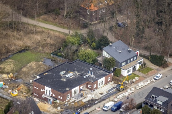 Aerial view, construction site kindergarten at Horsthofstraße, Bottrop-Kirchhellen, Ruhr area, North Rhine-Westphalia, Germany, construction work, construction area, construction site, building site, construction project, construction site, DE, Europe, GBB, kindergarten, day nursery, day care centre, day care centre, aerial photograph, aerial photography, aerial photography, new building, overview, bird's-eye view, overview