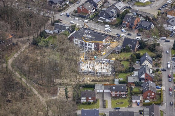 Aerial view, construction site kindergarten at Horsthofstraße, Bottrop-Kirchhellen, Ruhr area, North Rhine-Westphalia, Germany, DE, Europe, GBB, kindergarten, day nursery, day care centre, day care centre, aerial photograph, aerial photography, aerial photography, overview, bird's-eye view, overview