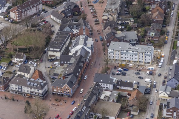 Aerial view, construction site, new building project Kirchhellener arcades at Schulstraße at Alter Markt, corner Kirchstraße, main street, Bottrop-Kirchhellen, Ruhr area, North Rhine-Westphalia, Germany, construction work, construction area, building site, building plots, construction project, construction site, DE, shopping street, Europe, aerial view, aerial photography, aerial photography, new building, overview, bird's-eye view, overview