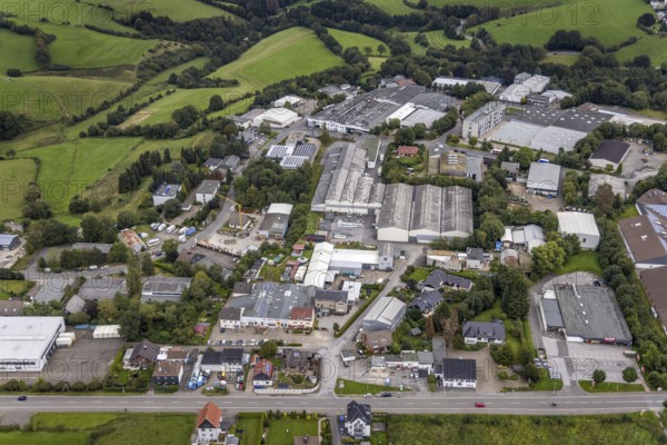 Aerial view, commercial area Frankfurter Straße in Breckerfeld, Sauerland, North Rhine-Westphalia, Germany, Breckerfeld, DE, Europe, commercial enterprises, commercial area, commercial park, commercial location, commercial use, industrial area, industrial building, industrial location, aerial photograph, aerial photography, aerial photography, overview, bird's-eye view, bird's-eye view, overview