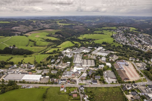 Aerial view, commercial area Frankfurter Straße in Breckerfeld, Sauerland, North Rhine-Westphalia, Germany, Breckerfeld, DE, Europe, commercial enterprises, commercial area, commercial park, commercial location, commercial use, industrial area, industrial building, industrial location, aerial photograph, aerial photography, aerial photography, overview, bird's-eye view, bird's-eye view, overview